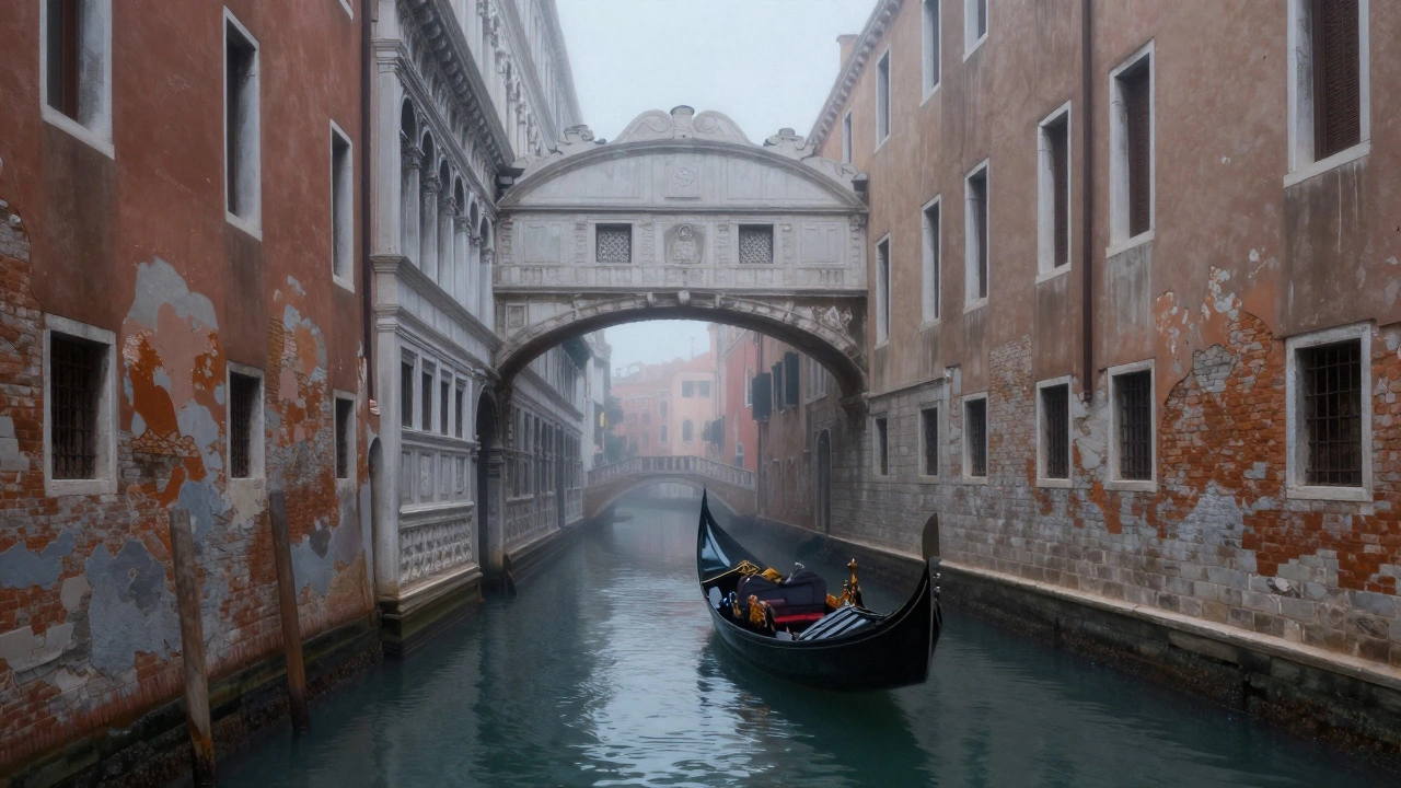Lone gondola gliding through misty canals in Venice, Italy