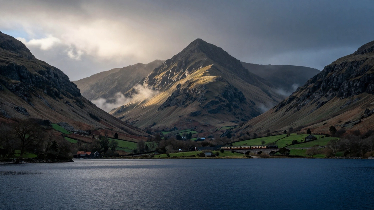 Misty mountains and blue lake in the English Lake District with a train