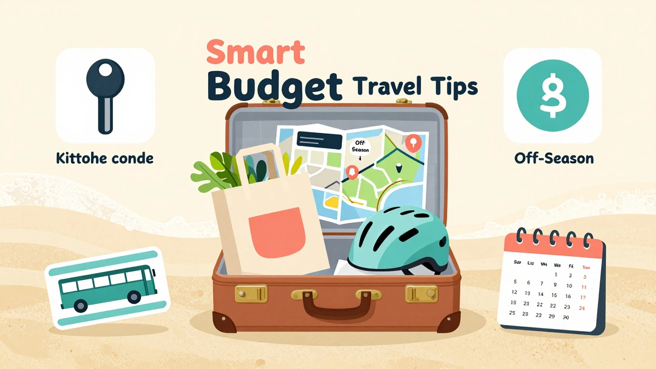 Open suitcase with budget travel items like map, bike helmet, and groceries