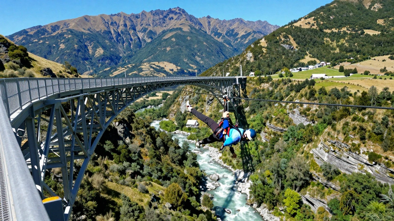 Person bungee jumping off a bridge over a river gorge in New Zealand
