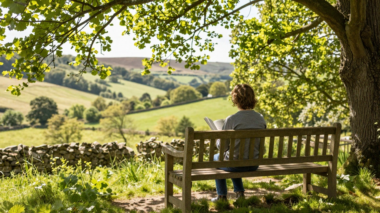 Person relaxing in lush green nature, symbolizing mental detachment and recovery.