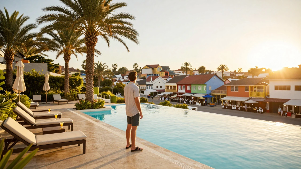 Traveler looking from a quiet resort pool towards a busy local town