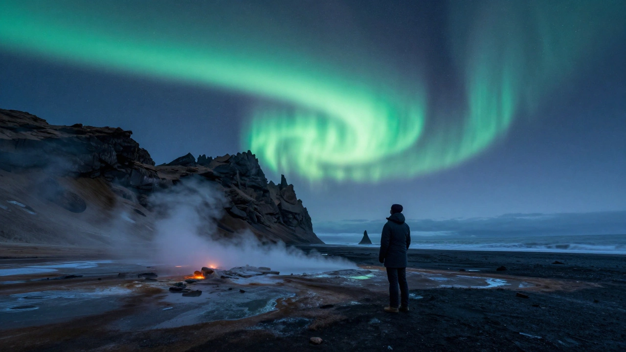 Traveler watching northern lights over volcanic cliffs and steam in Iceland