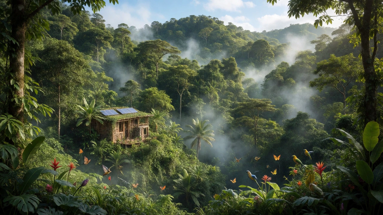 An eco-lodge nestled in lush Costa Rican cloud forest with mist and wildlife.