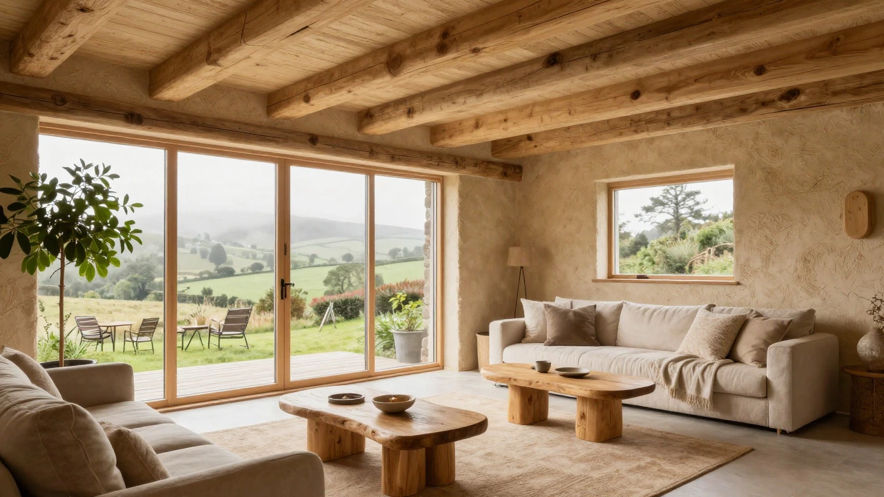 Bright eco cottage interior with straw bale walls, wood furniture, and large windows