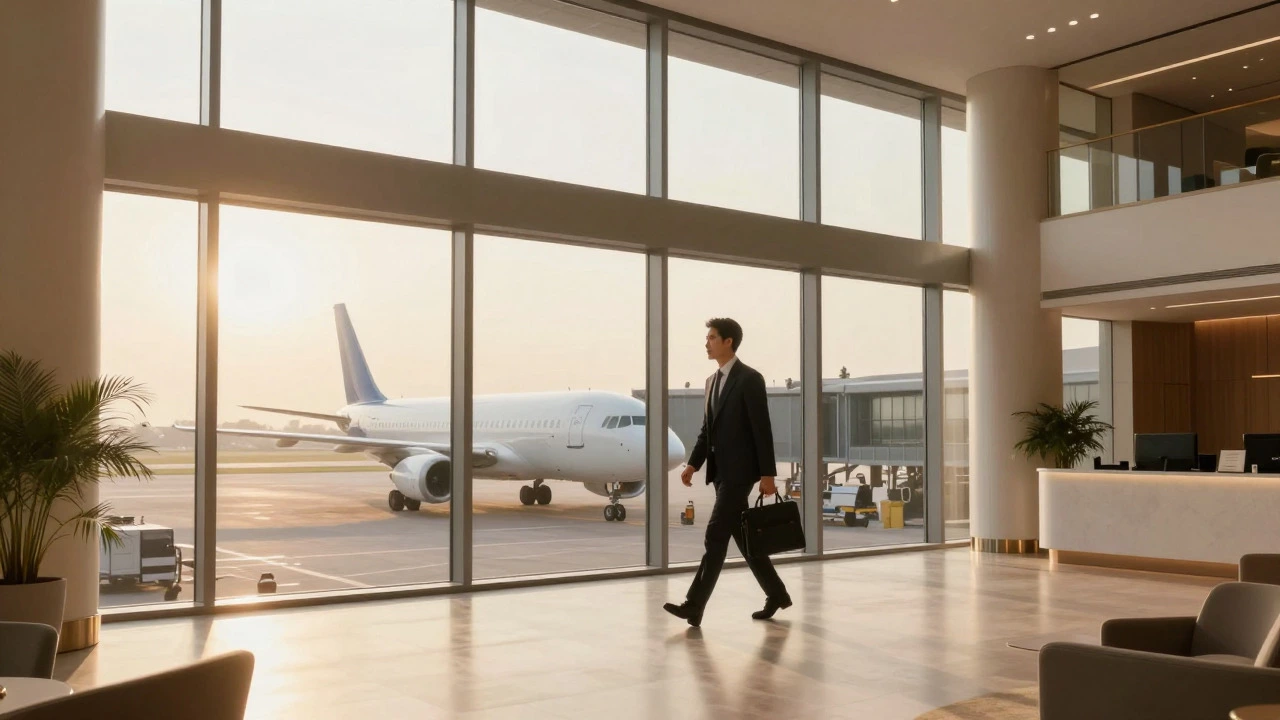 Business traveler walking out of a modern airport hotel lobby towards a plane at sunrise