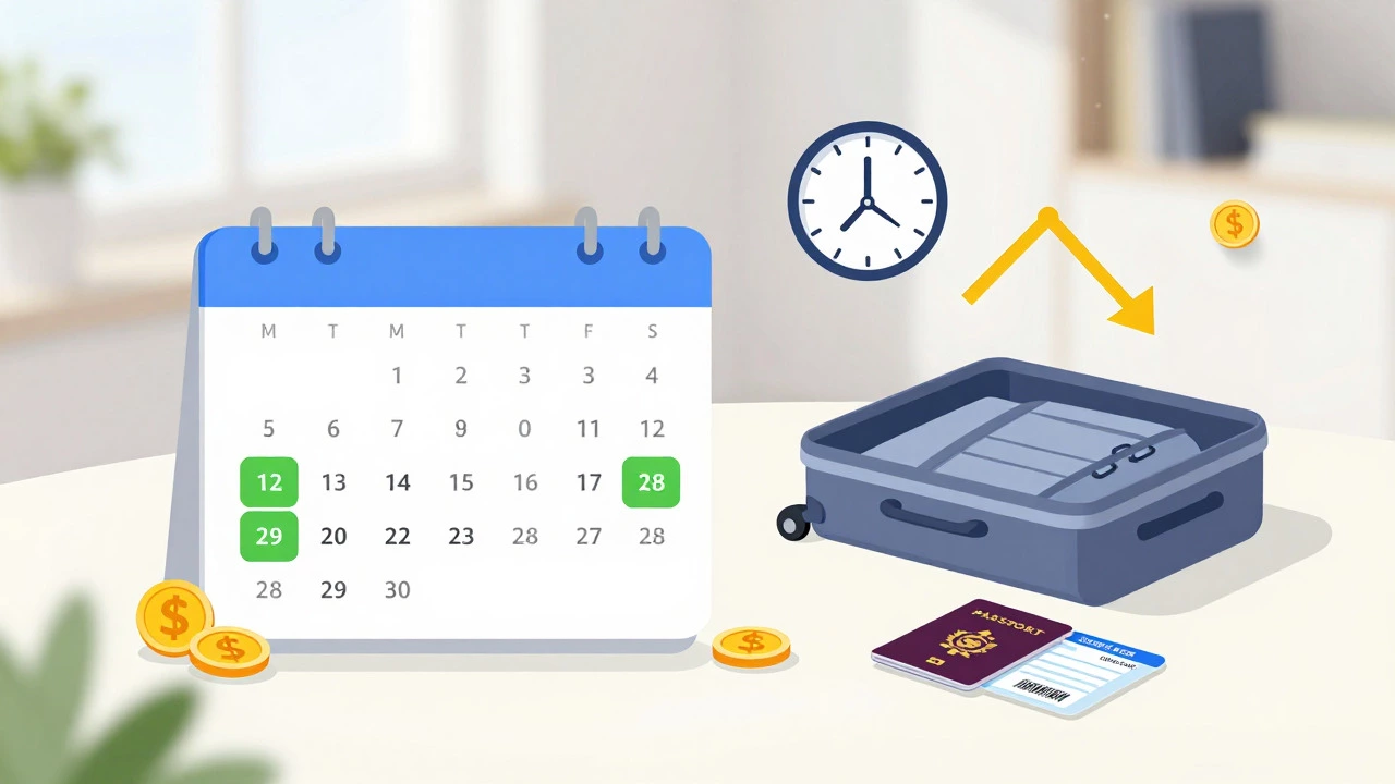 Calendar highlighting shoulder season dates with travel items and saving money.