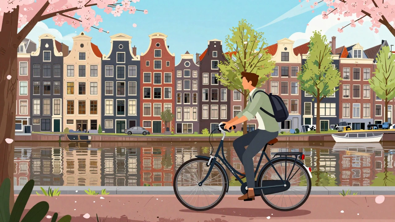 Cyclist riding through Amsterdam canals in spring