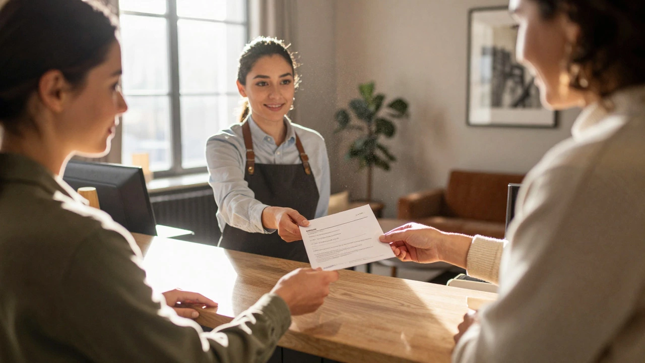 Guest negotiating a direct booking discount at a boutique hotel desk
