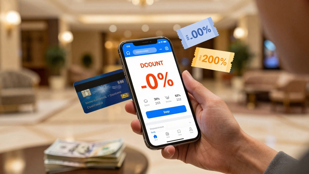 Hands using a smartphone to compare travel prices and apply discount codes.