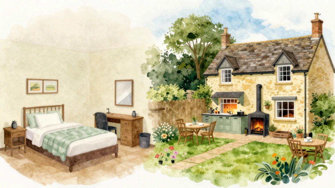 Illustration comparing a cramped hotel room with a spacious rural Airbnb cottage
