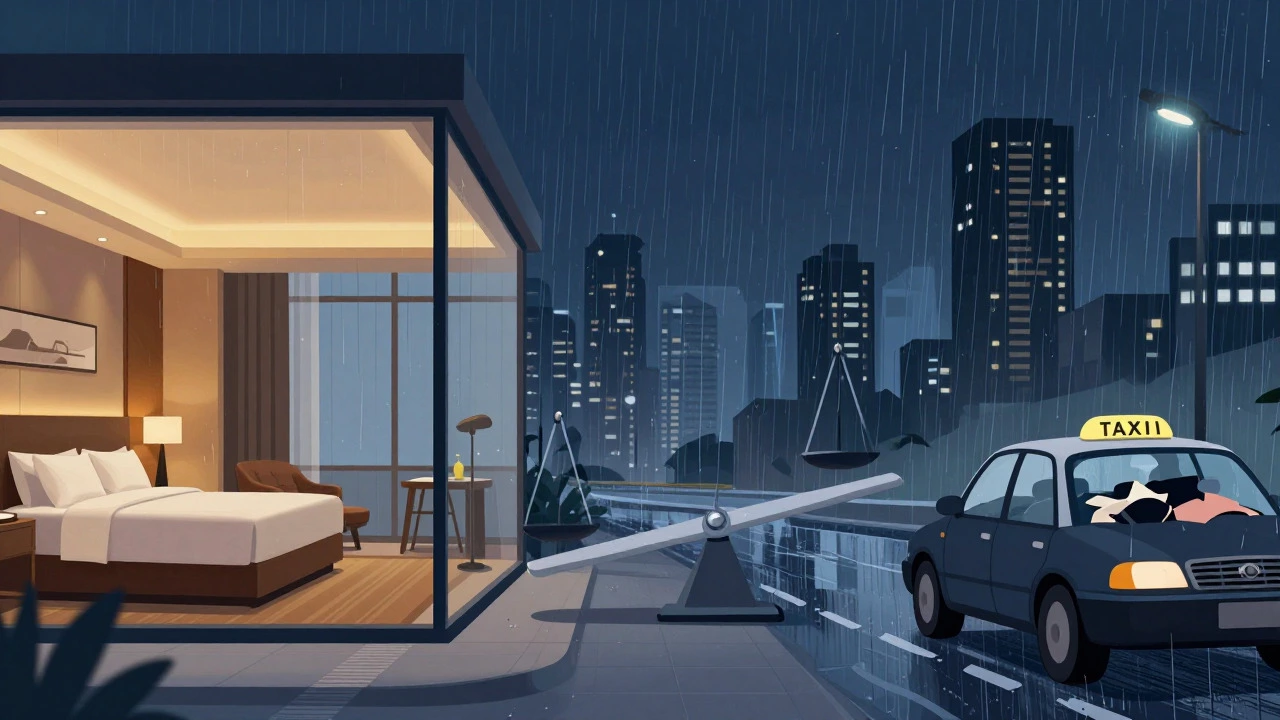 Illustration comparing the comfort of an airport hotel with the stress of a late-night taxi ride