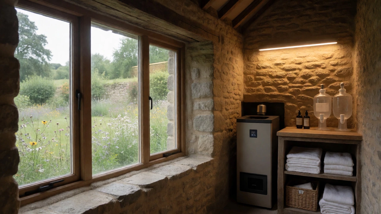 Interior of a stone cottage with wildflower view and sustainable amenities.