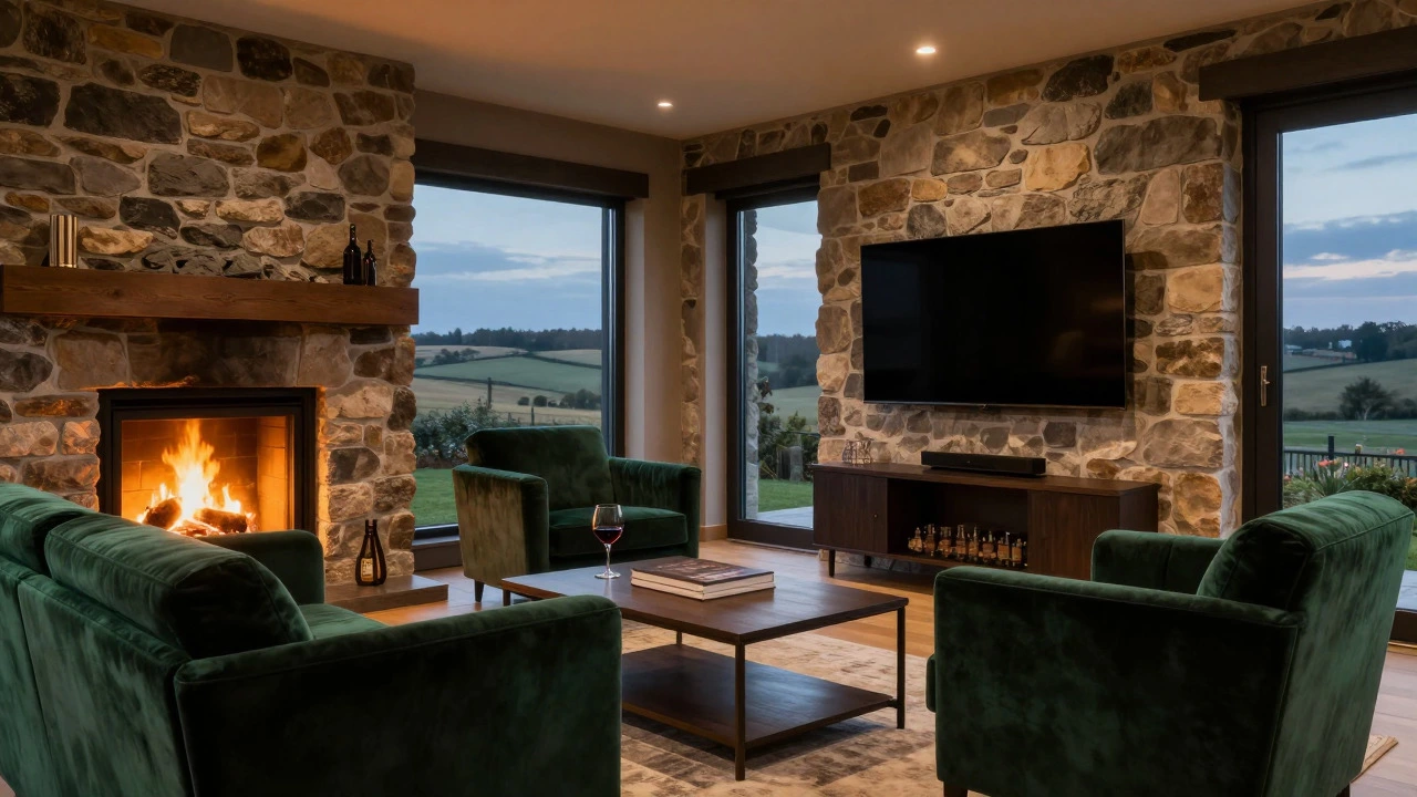 Luxurious cozy cottage interior with fireplace and wine glass