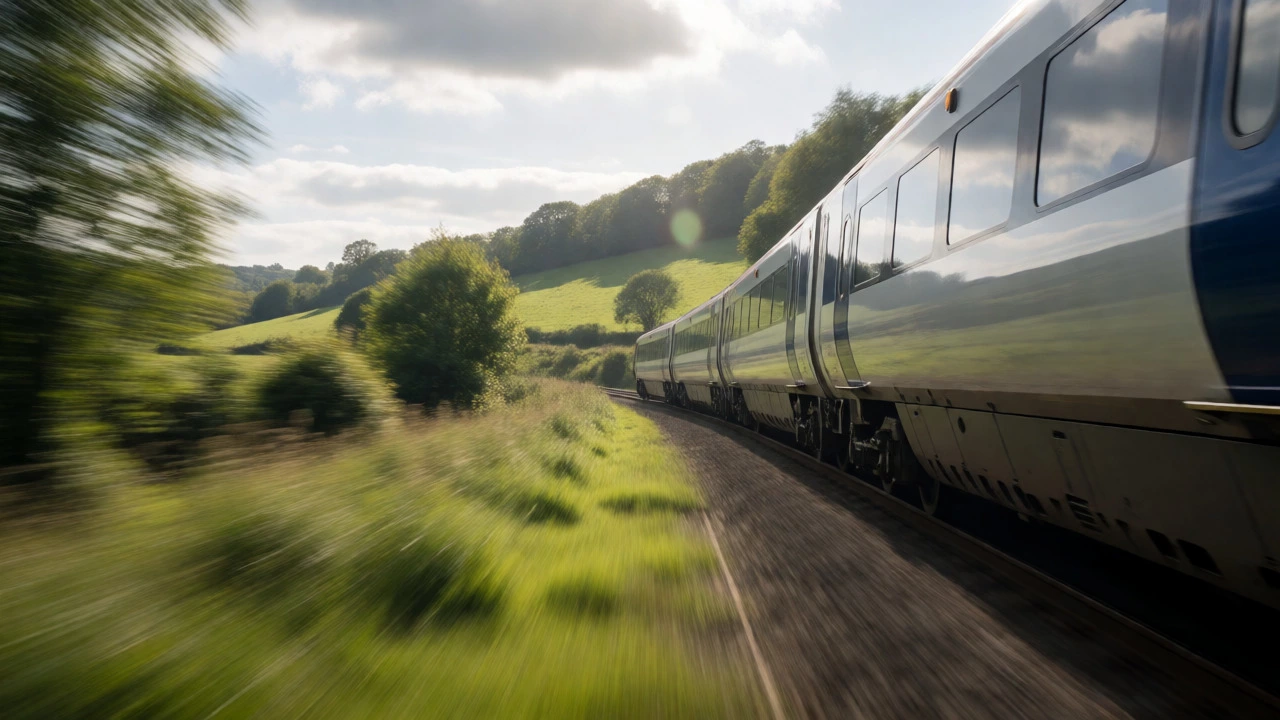 Modern British train speeding through green English countryside landscape