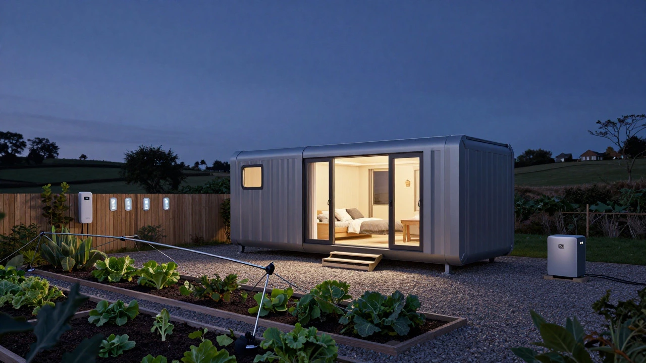 Modern modular eco home with smart garden sensors and dark-sky lighting at dusk