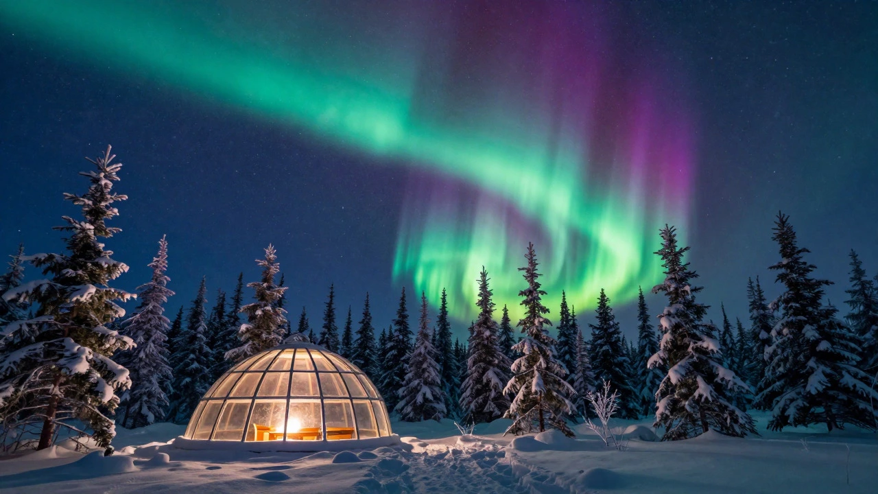Northern Lights dancing over snowy pines and a glowing glass igloo in Alaska