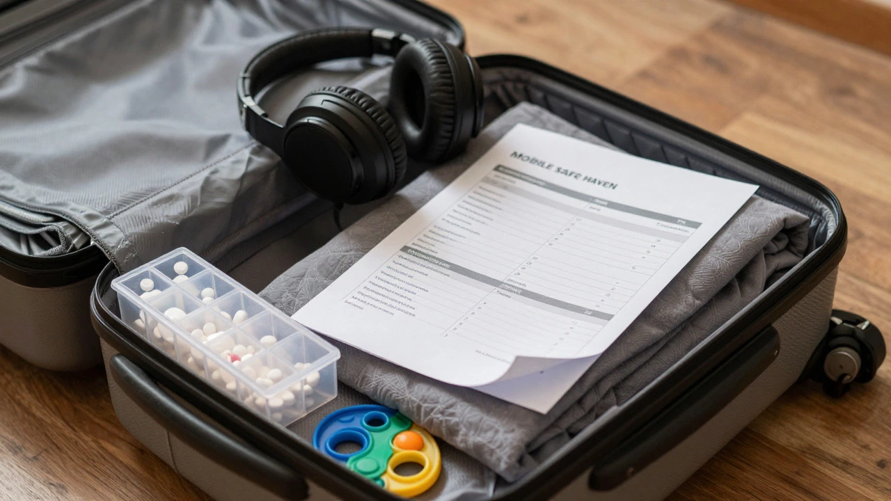 Open suitcase containing pill organizers, headphones, and a weighted blanket