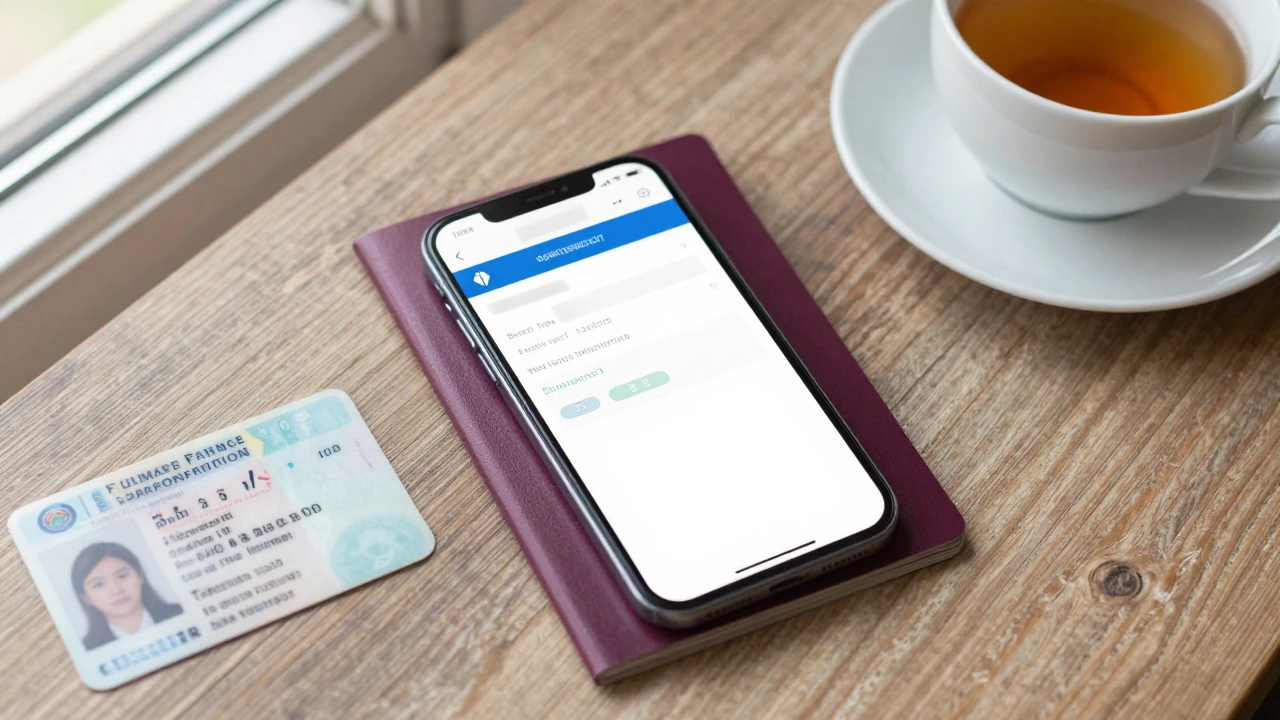 Passport and ID on table next to phone showing booking details