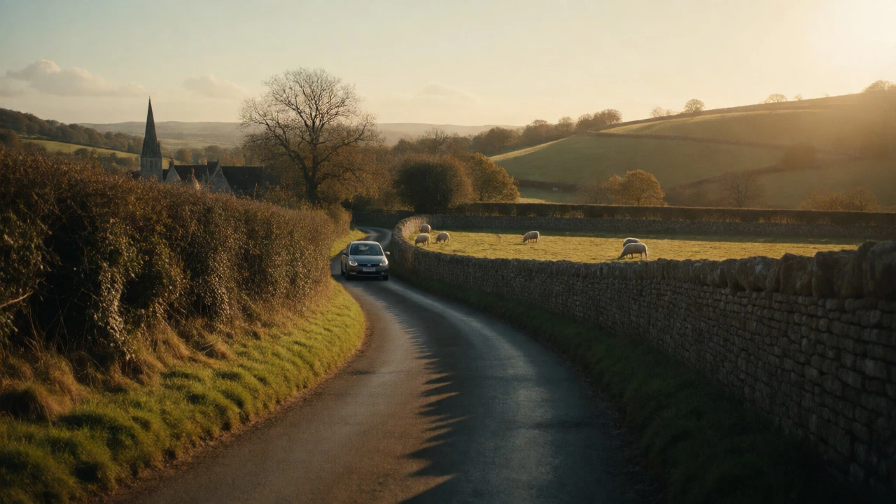 Rental car navigating narrow rural lane with sheep grazing nearby