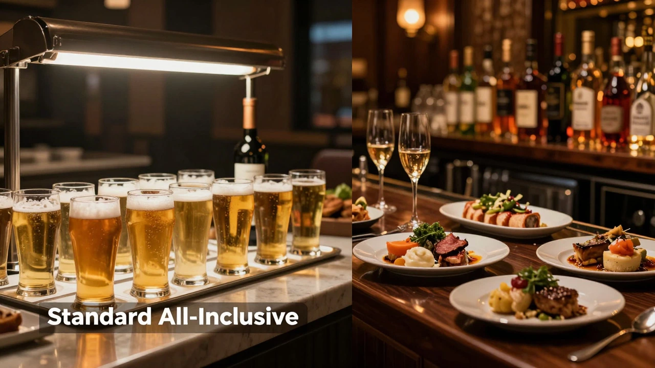 Split view comparing standard buffet drinks with premium luxury bar service