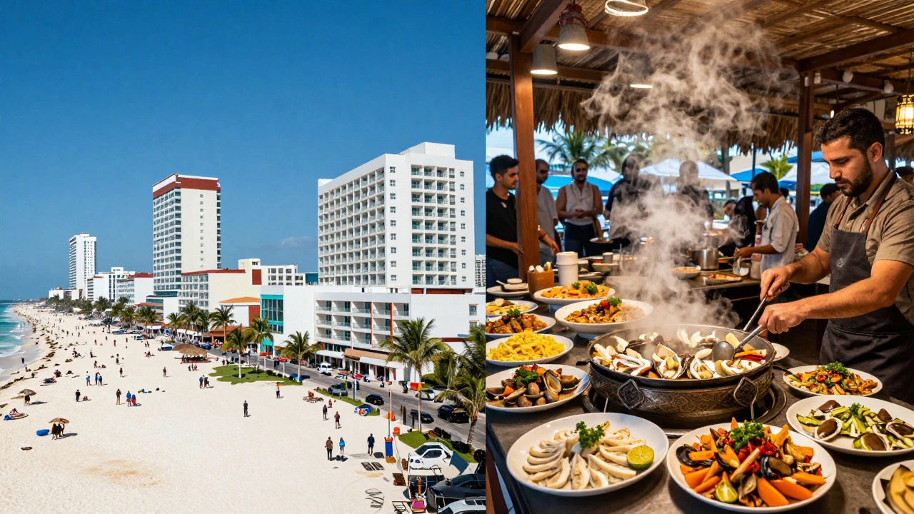 Split view of Mexican hotel strip and Turkish buffet food stations