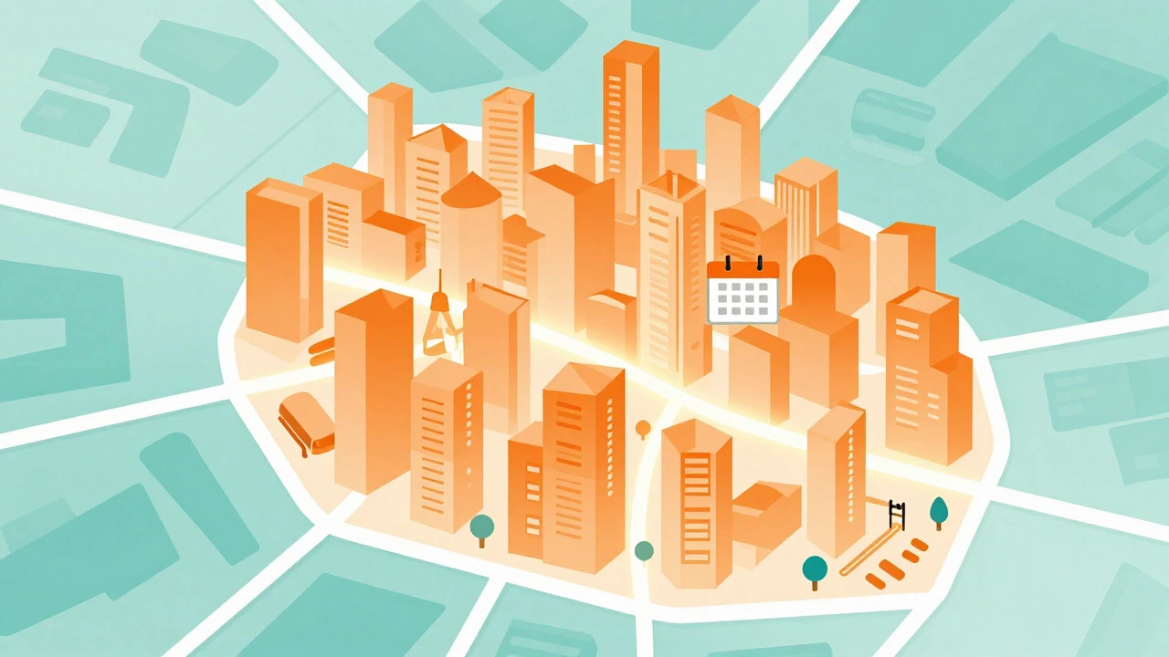 Stylized map showing budget-friendly neighborhoods near a city center