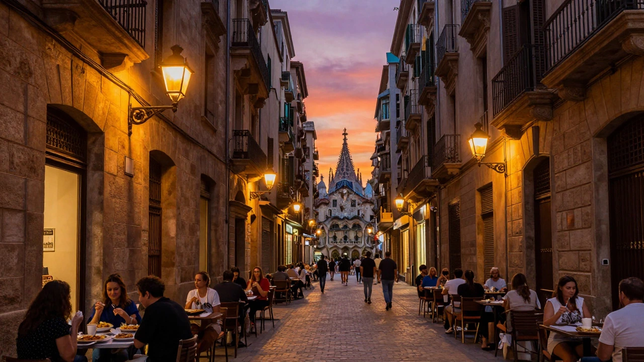 Sunset view of Barcelona Gothic Quarter streets and architecture