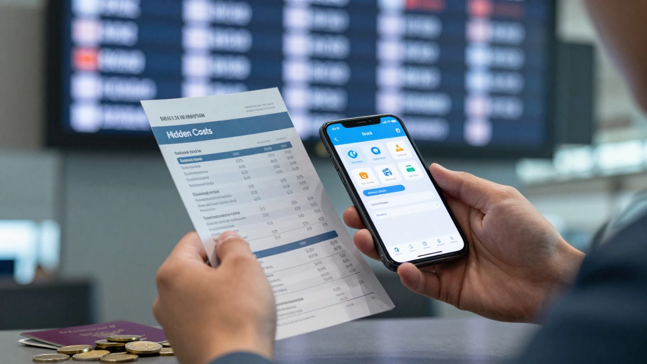 Traveler planning budget trip with brochure and phone near airport