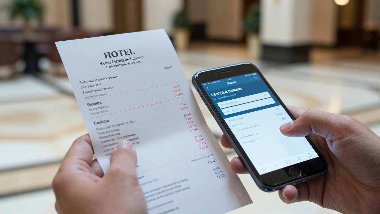 Traveler reviewing a hotel bill with hidden charges in a luxury lobby