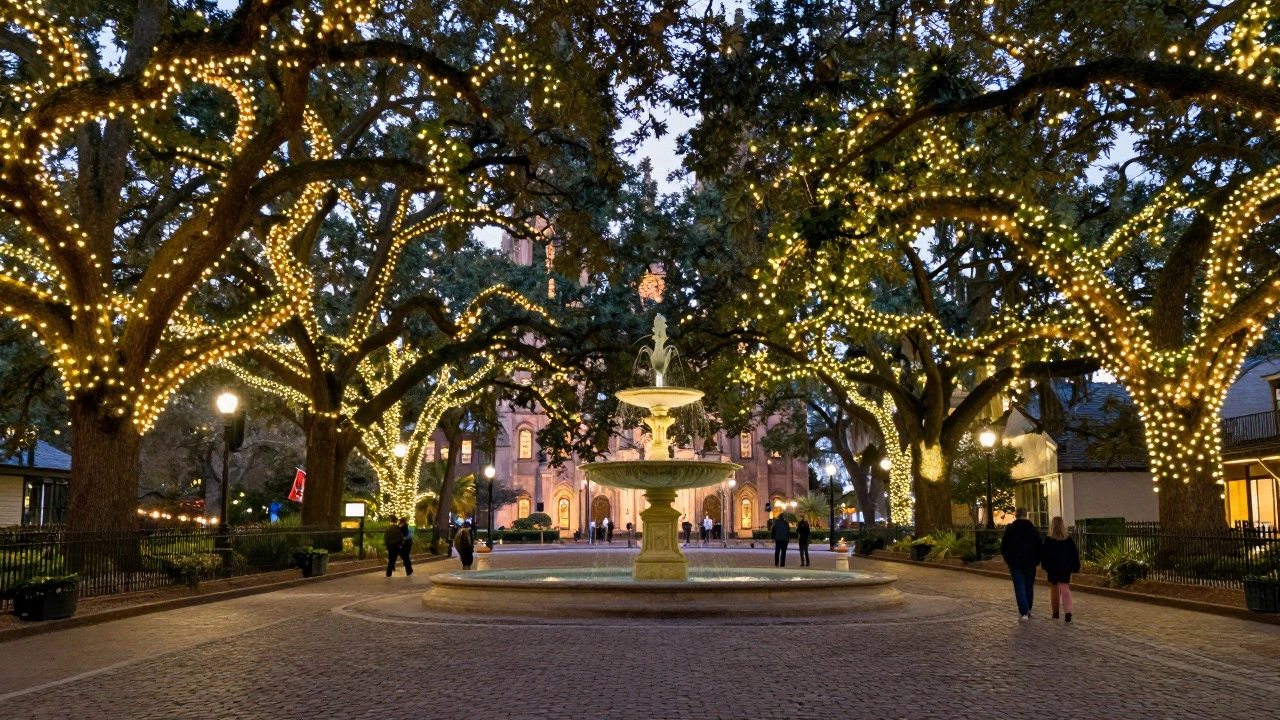 Twinkling holiday lights draped over trees and a fountain in Savannah's Forsyth Park
