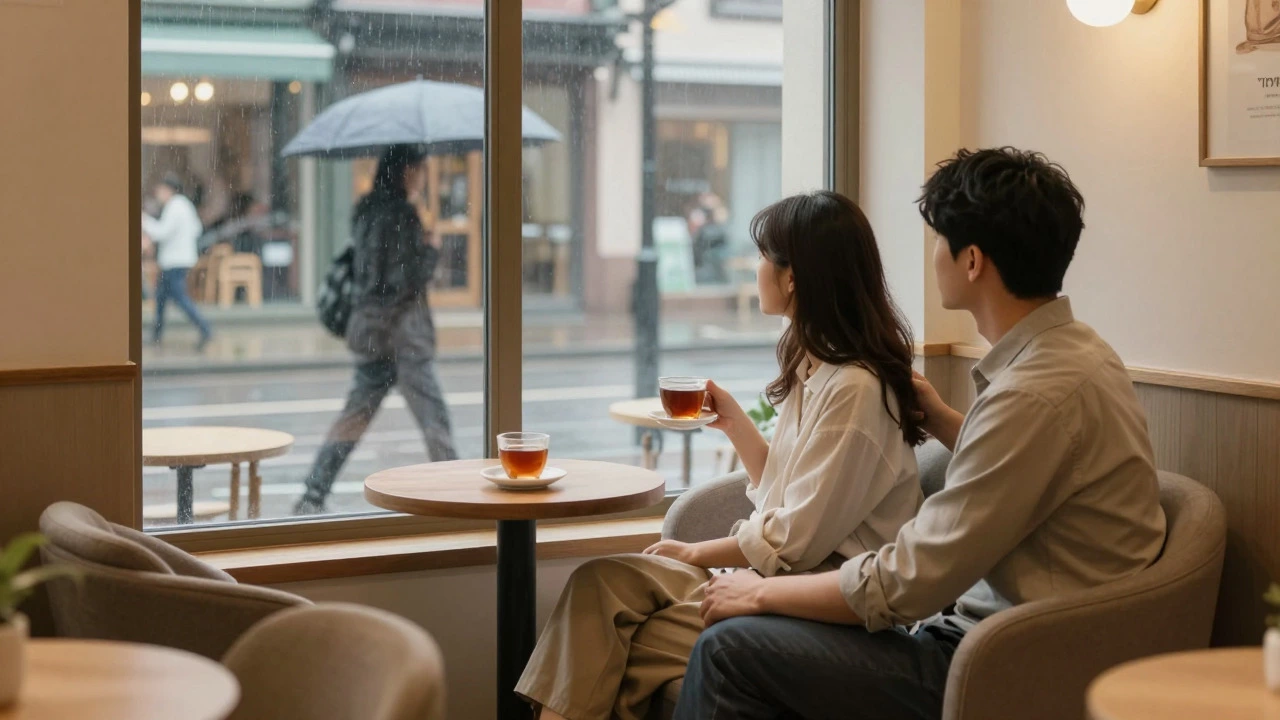 Two people relaxing in a quiet café corner during a travel break