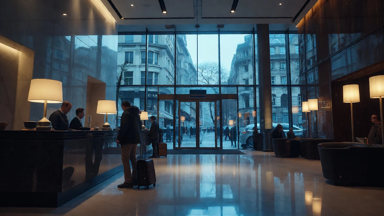Busy hotel lobby with travelers checking in during high-demand period