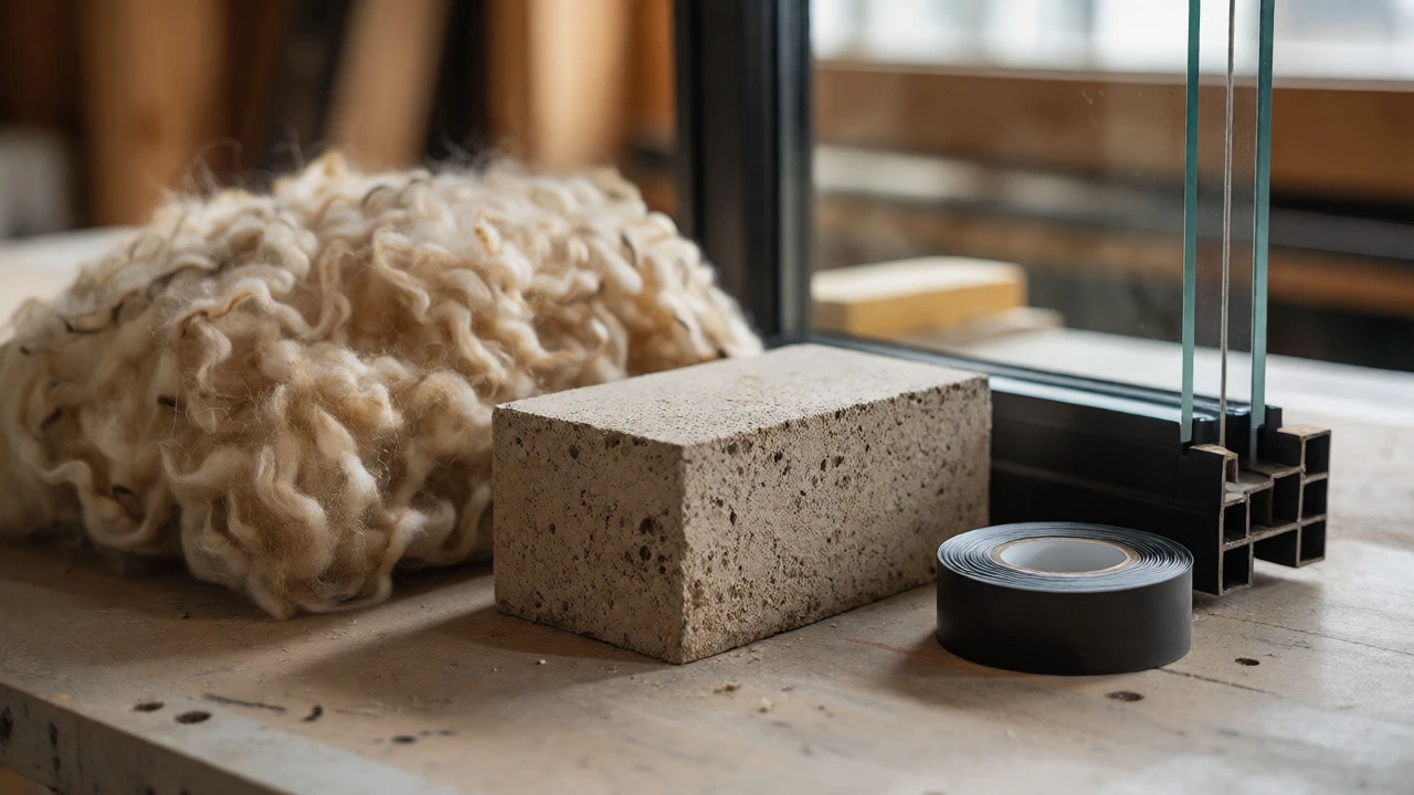 Close-up of sustainable building materials including wool insulation and hempcrete blocks