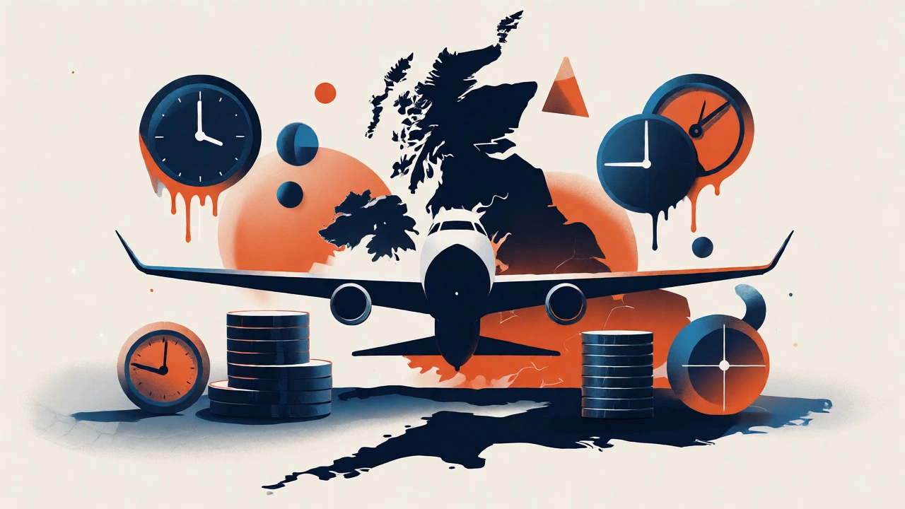 Conceptual art showing airplane over UK map balancing time and cost