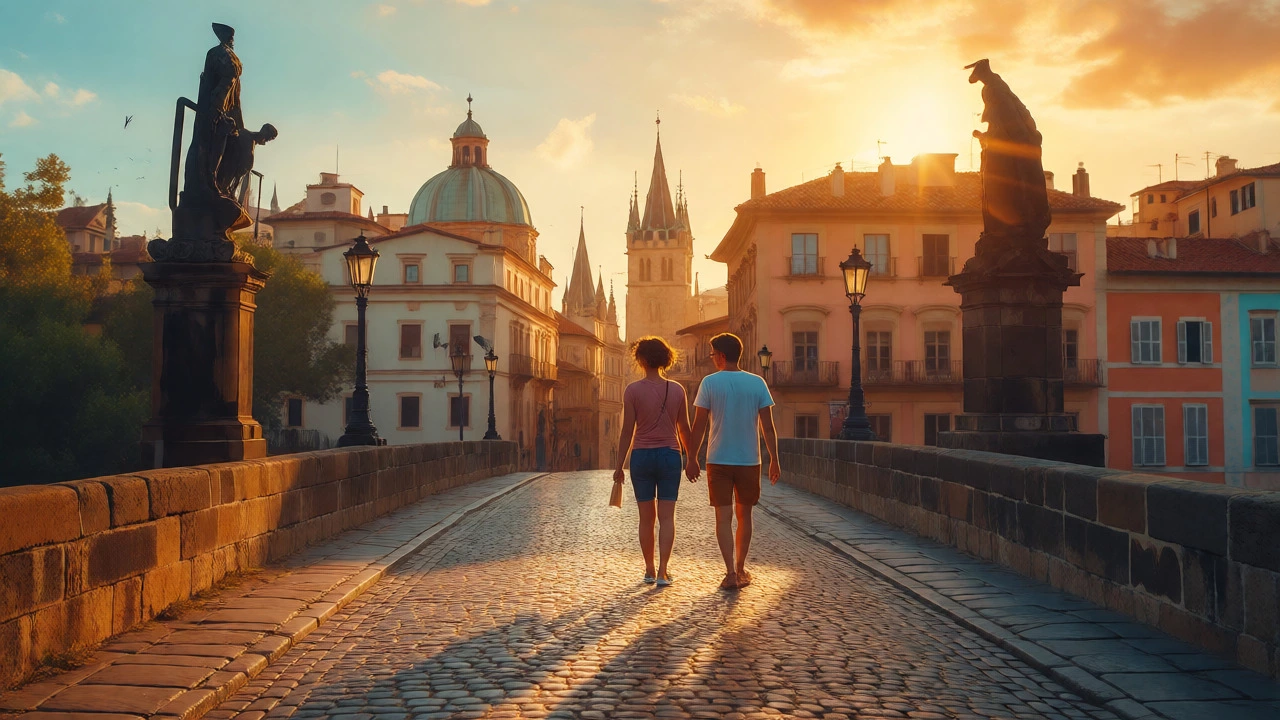 Couple enjoying a relaxed walk across a historic European bridge during golden hour.