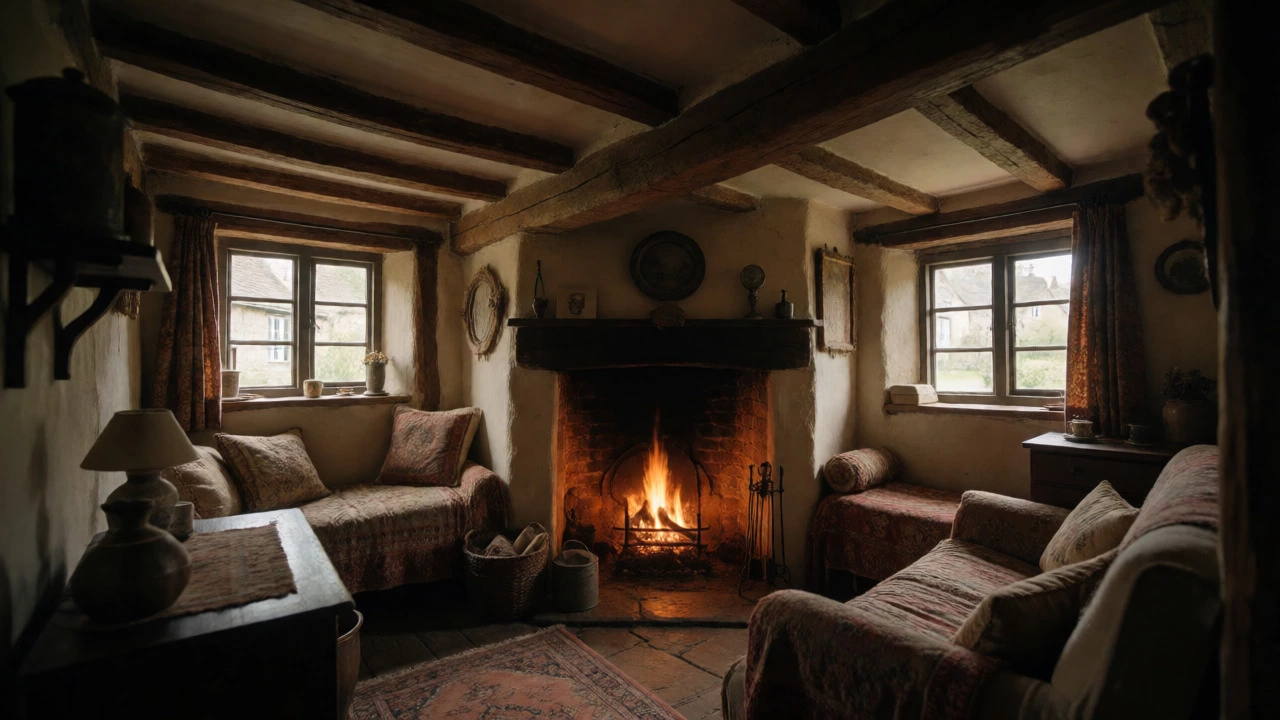 Cozy cottage interior with low beams and fireplace