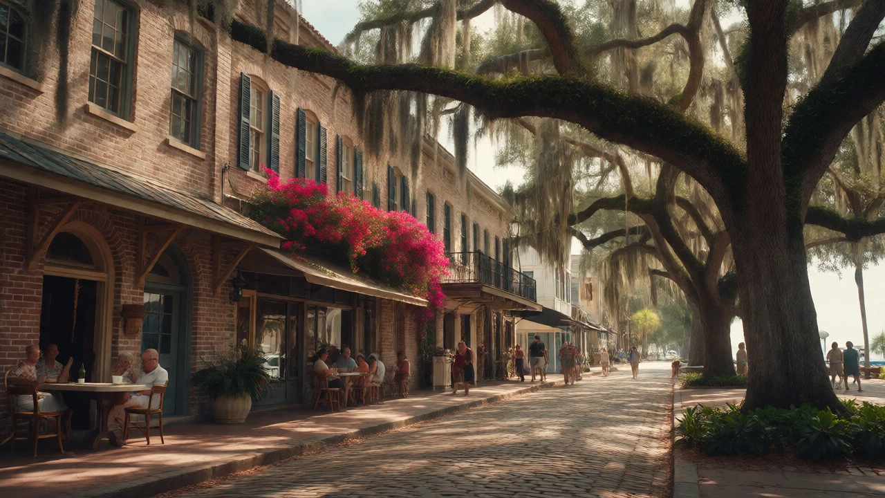 Historic brick streets of Pensacola lined with oak trees and flowers