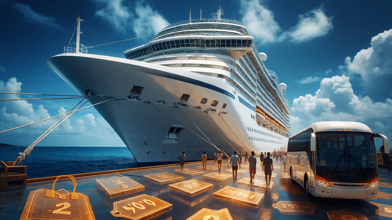 Luxury cruise ship with visual overlays of hidden fees and costs.