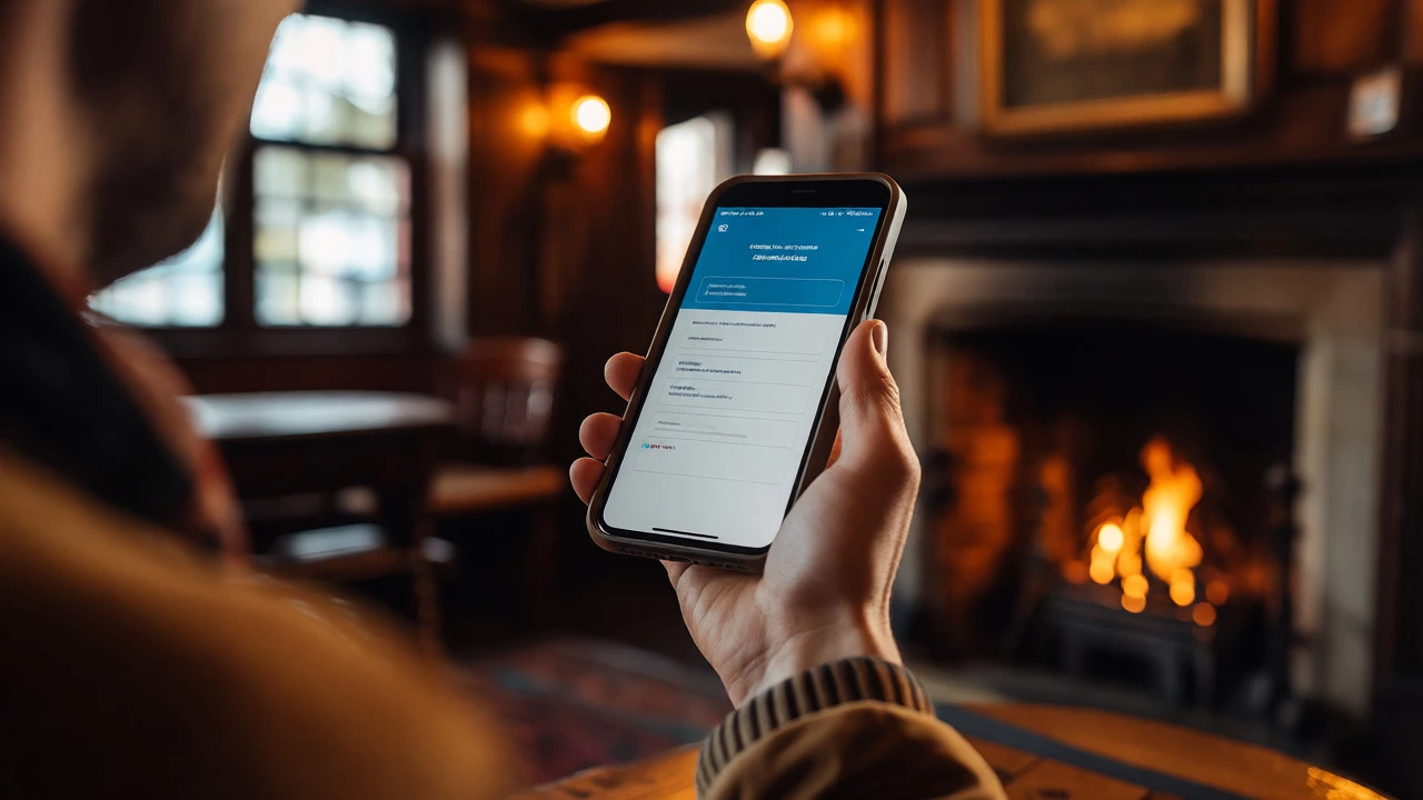 Person holding a smartphone with a booking confirmation inside a cozy pub
