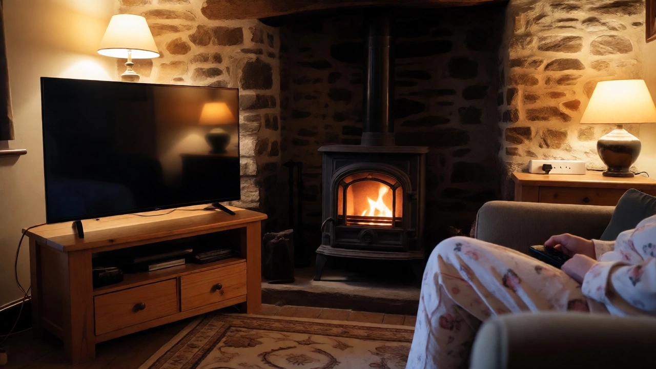 Person relaxing in pajamas near a wood burner and TV in a cottage