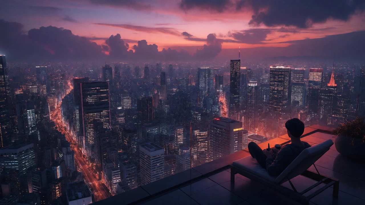 Person relaxing on a rooftop terrace overlooking a vast city skyline at dusk.