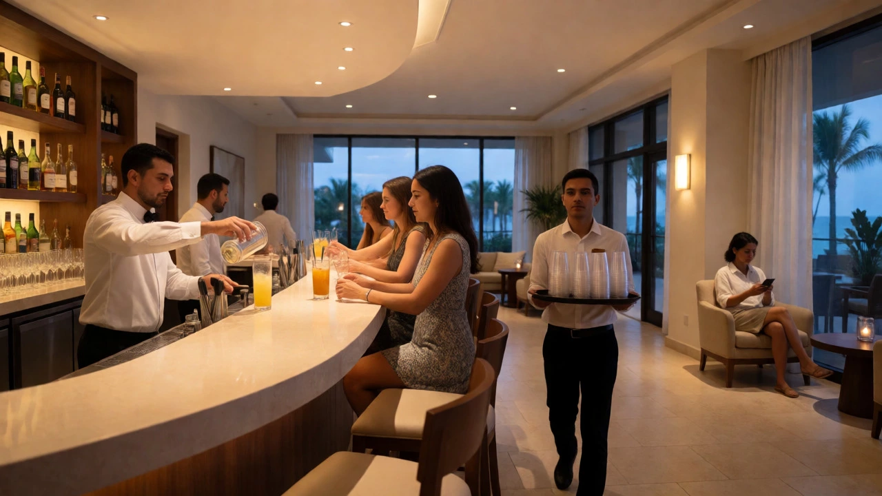 Resort lobby bar with staff serving drinks