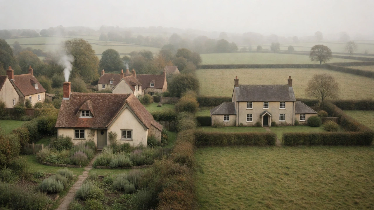 Side-by-side view of village cottage and isolated farmhouse