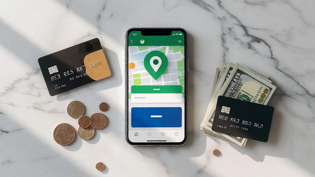 Smartphone, credit cards, and cash arranged on a table for travel savings