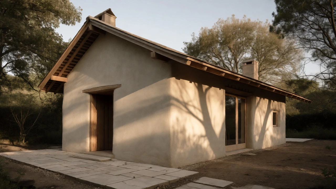 Straw bale cottage with lime render and wide eaves set in a lush rural English landscape.