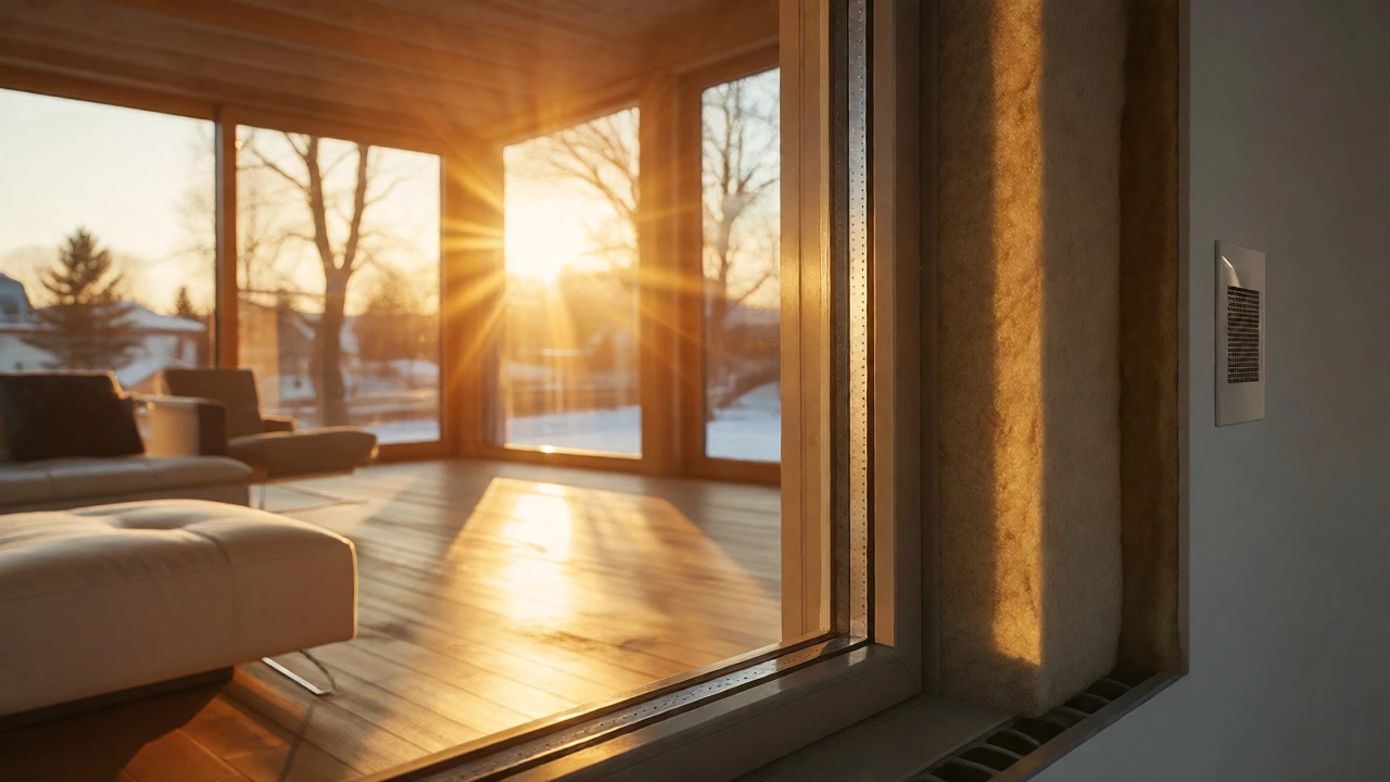 Sunlit interior of a Passive House showing triple-glazed windows and efficient ventilation systems.