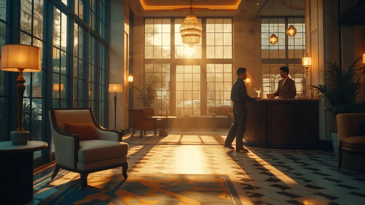 Sunlit luxury hotel lobby with concierge assisting a guest