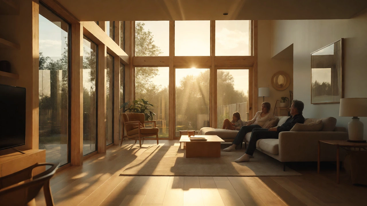 Sunlit minimalist living room in a Passivhaus home with no visible heating systems