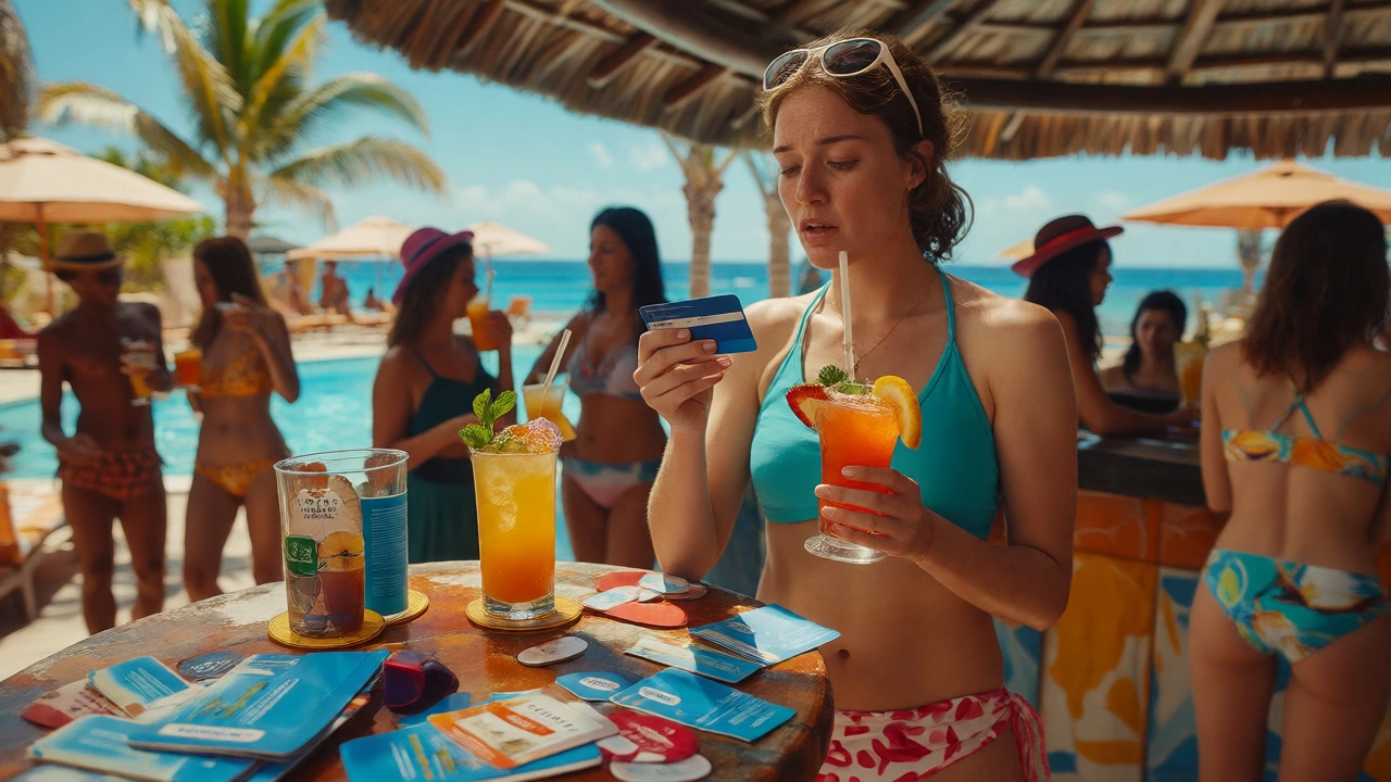 Traveler at an all-inclusive resort pool bar surrounded by extra costs.